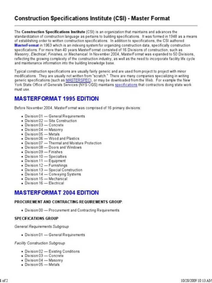 What is the Construction Specifications Institute CSI MasterFormat?